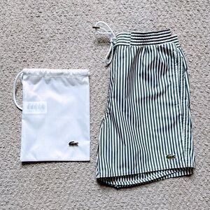 Lacoste Men’s Striped Swim Trunks 5.5” Inseam Size S Navy/White + Pouch